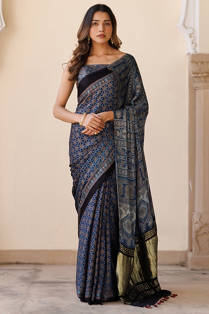 Indigo Modal Silk Ajrakh Hand Block Printed Wedding Saree Set by Geroo Jaipur at Pernia's Pop Up Shop