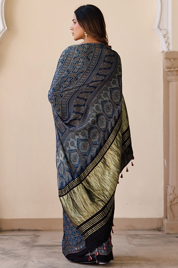 Indigo Modal Silk Ajrakh Hand Block Printed Wedding Saree Set by Geroo Jaipur at Pernia's Pop Up Shop