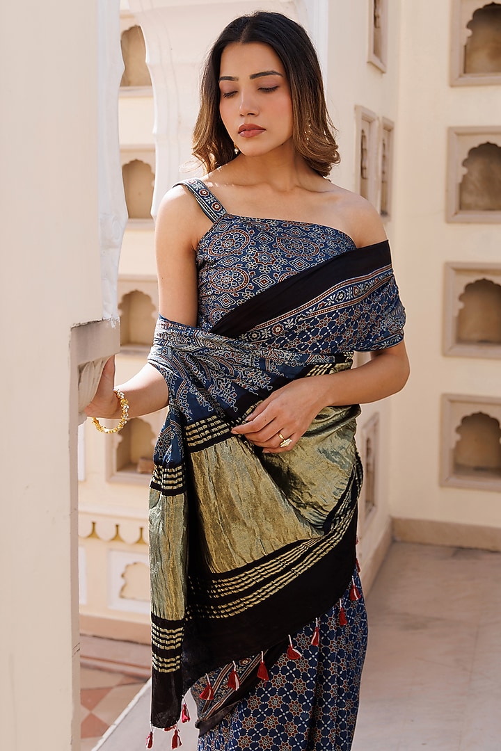 Indigo Modal Silk Ajrakh Hand Block Printed Wedding Saree Set by Geroo Jaipur at Pernia's Pop Up Shop
