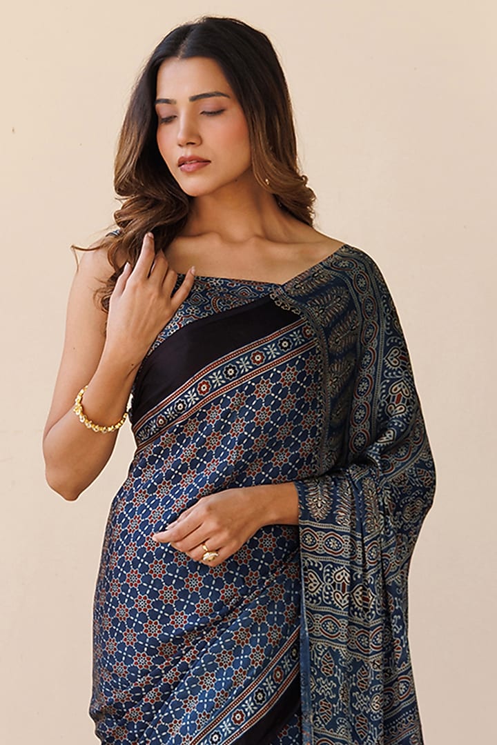 Indigo Modal Silk Ajrakh Hand Block Printed Wedding Saree Set by Geroo Jaipur at Pernia's Pop Up Shop