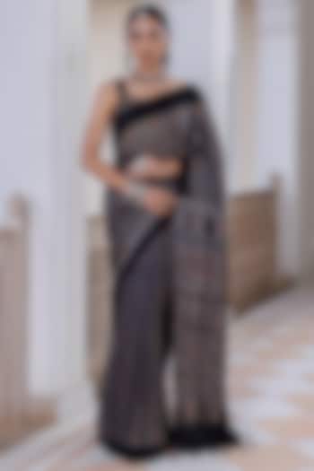 Black Modal Silk Ajrakh Hand Block Printed Party Wear Saree Set by Geroo Jaipur at Pernia's Pop Up Shop