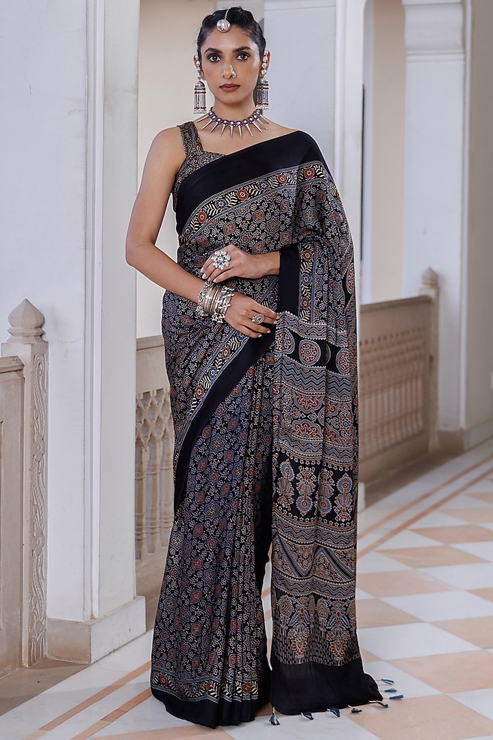 Black Modal Silk Ajrakh Hand Block Printed Party Wear Saree Set by Geroo Jaipur at Pernia's Pop Up Shop