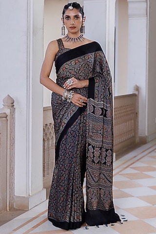 Black Modal Silk Ajrakh Hand Block Printed Saree Set by Geroo Jaipur