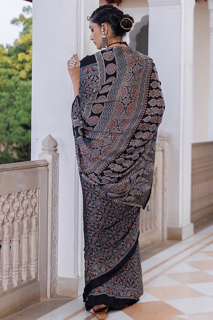 Black Modal Silk Ajrakh Hand Block Printed Wedding Saree Set by Geroo Jaipur at Pernia's Pop Up Shop