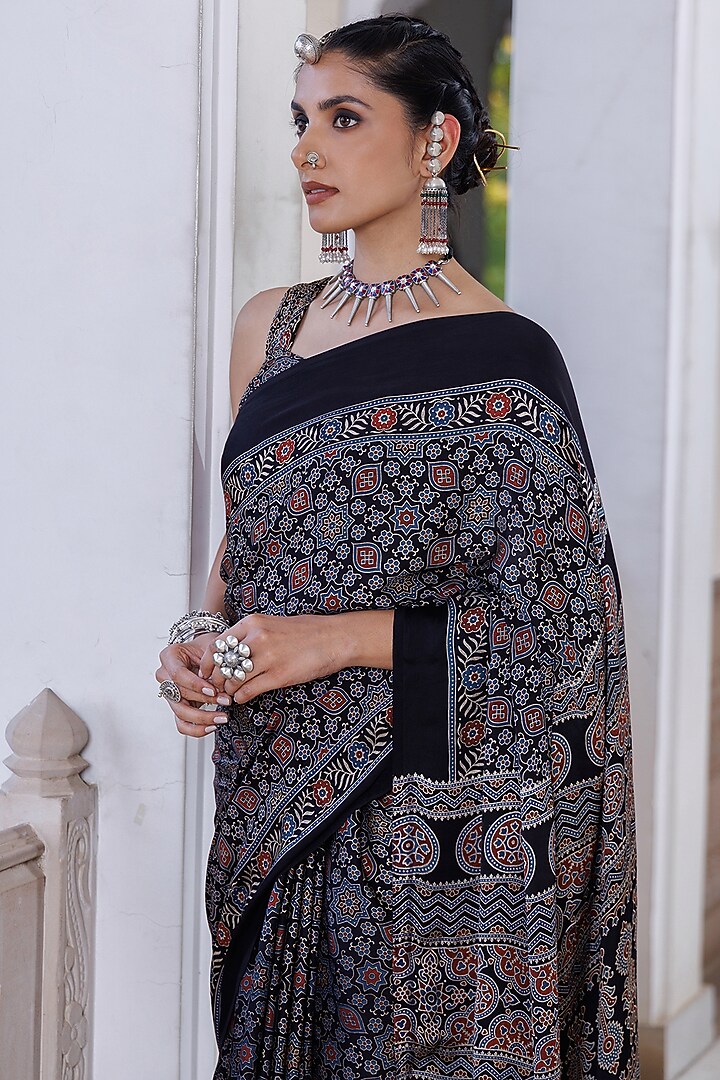 Black Modal Silk Ajrakh Hand Block Printed Wedding Saree Set by Geroo Jaipur at Pernia's Pop Up Shop