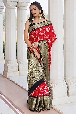 Red & Black Gajji Silk Bandhani Saree Set by Geroo Jaipur