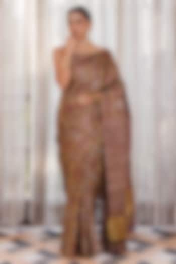 Brown Modal Silk Ajrakh Hand Block Printed Wedding Saree Set by Geroo Jaipur at Pernia's Pop Up Shop