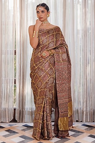 Brown Modal Silk Ajrakh Hand Block Printed Saree Set by Geroo Jaipur