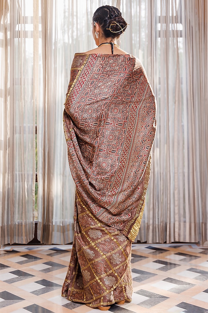 Brown Modal Silk Ajrakh Hand Block Printed Wedding Saree Set by Geroo Jaipur at Pernia's Pop Up Shop