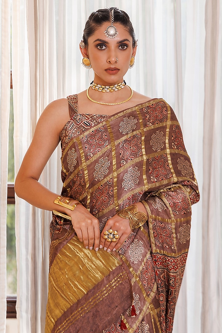Brown Modal Silk Ajrakh Hand Block Printed Wedding Saree Set by Geroo Jaipur at Pernia's Pop Up Shop