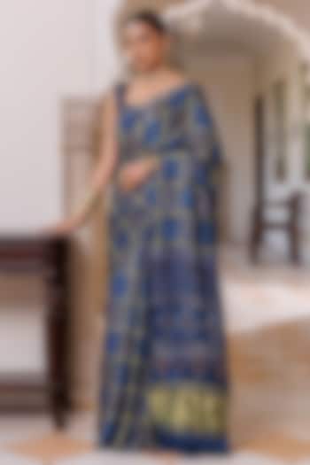 Blue Modal Silk Ajrakh Hand Block Printed Wedding Saree Set by Geroo Jaipur at Pernia's Pop Up Shop