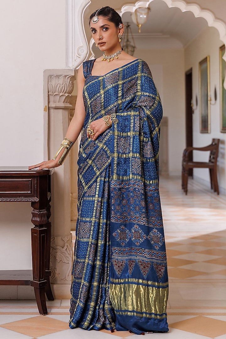 Blue Modal Silk Ajrakh Hand Block Printed Wedding Saree Set by Geroo Jaipur at Pernia's Pop Up Shop