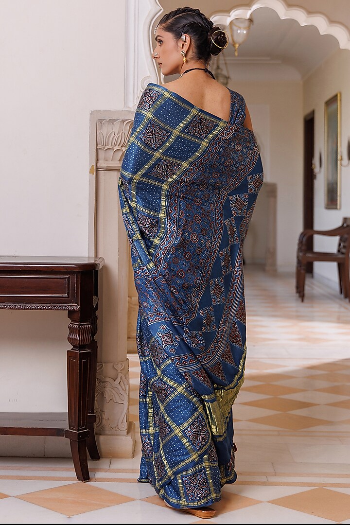 Blue Modal Silk Ajrakh Hand Block Printed Wedding Saree Set by Geroo Jaipur at Pernia's Pop Up Shop