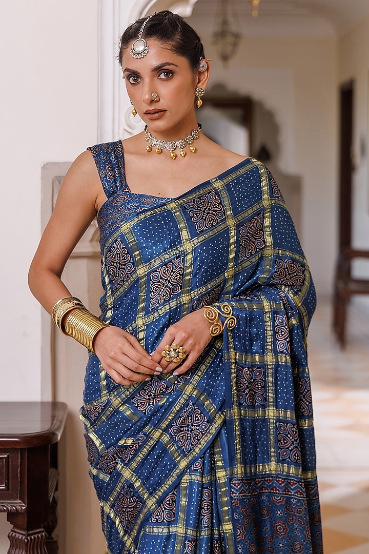 Blue Modal Silk Ajrakh Hand Block Printed Wedding Saree Set by Geroo Jaipur at Pernia's Pop Up Shop