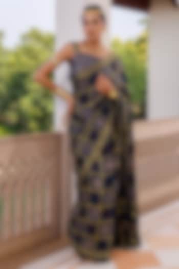 Indigo Modal Silk Ajrakh Hand Block Printed Wedding Saree Set by Geroo Jaipur at Pernia's Pop Up Shop