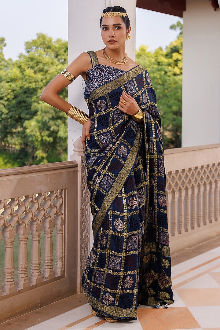 Indigo Modal Silk Ajrakh Hand Block Printed Wedding Saree Set by Geroo Jaipur at Pernia's Pop Up Shop