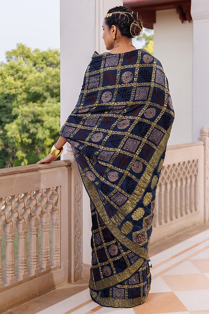 Indigo Modal Silk Ajrakh Hand Block Printed Wedding Saree Set by Geroo Jaipur at Pernia's Pop Up Shop