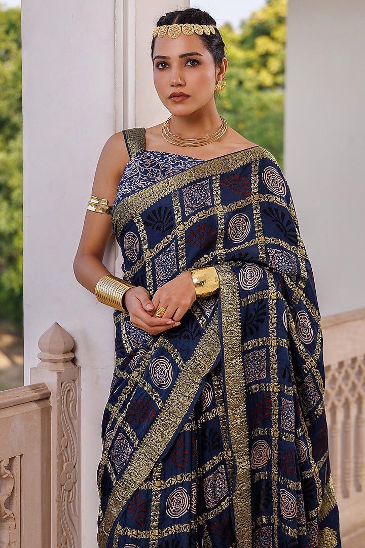 Indigo Modal Silk Ajrakh Hand Block Printed Wedding Saree Set by Geroo Jaipur at Pernia's Pop Up Shop