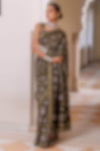 Black Modal Silk Ajrakh Hand Block Printed Wedding Saree Set by Geroo Jaipur at Pernia's Pop Up Shop