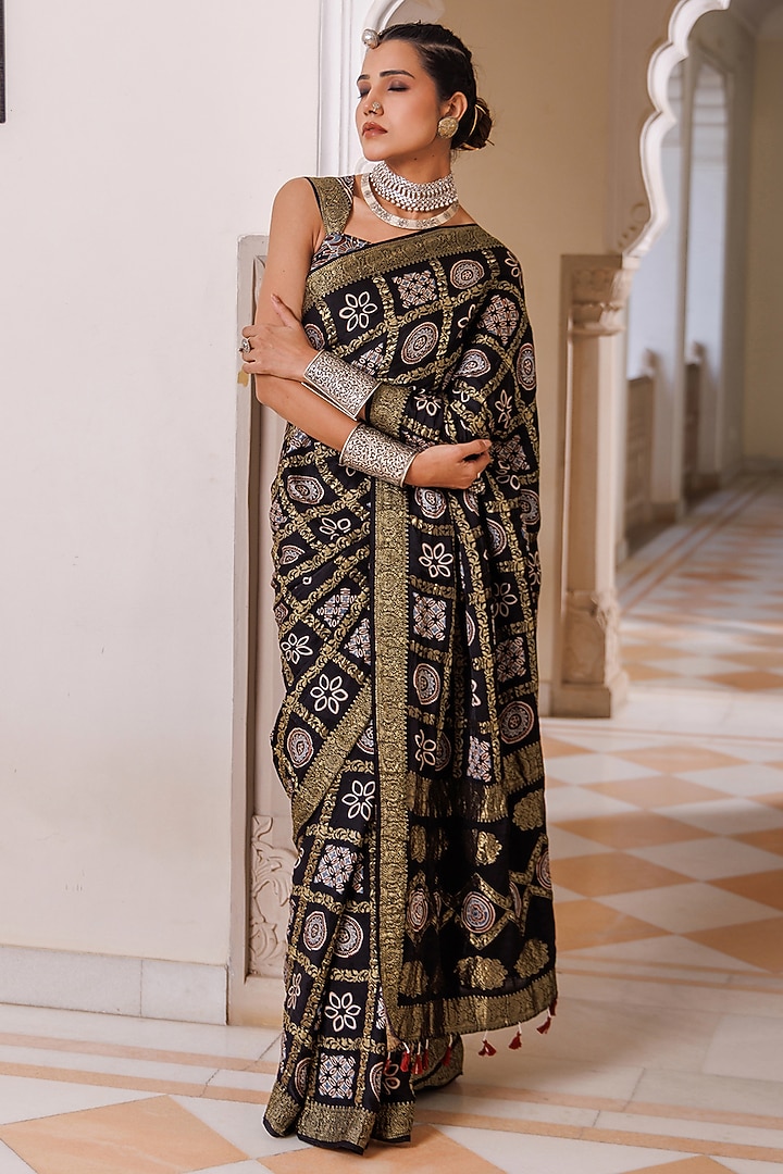 Black Modal Silk Ajrakh Hand Block Printed Wedding Saree Set by Geroo Jaipur at Pernia's Pop Up Shop