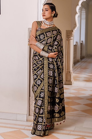 Black Modal Silk Ajrakh Hand Block Printed Saree Set by Geroo Jaipur