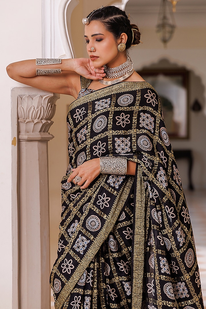 Black Modal Silk Ajrakh Hand Block Printed Wedding Saree Set by Geroo Jaipur at Pernia's Pop Up Shop