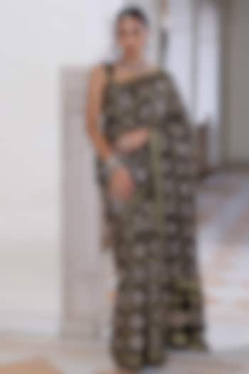 Black Modal Silk Ajrakh Hand Block Printed Wedding Saree Set by Geroo Jaipur at Pernia's Pop Up Shop