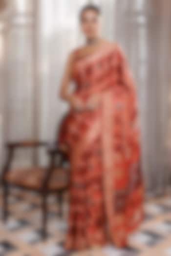 Peach Modal Silk Ajrakh Hand Block Printed Wedding Saree Set by Geroo Jaipur at Pernia's Pop Up Shop