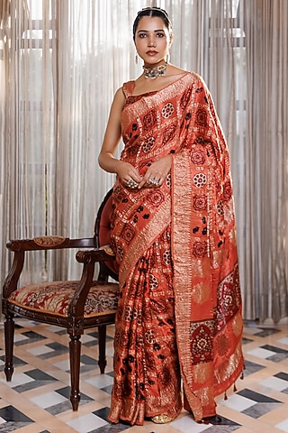 Peach Modal Silk Ajrakh Hand Block Printed Saree Set by Geroo Jaipur