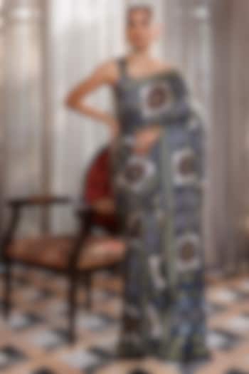 Indigo Modal Silk Ajrakh Hand Block Printed Wedding Saree Set by Geroo Jaipur at Pernia's Pop Up Shop