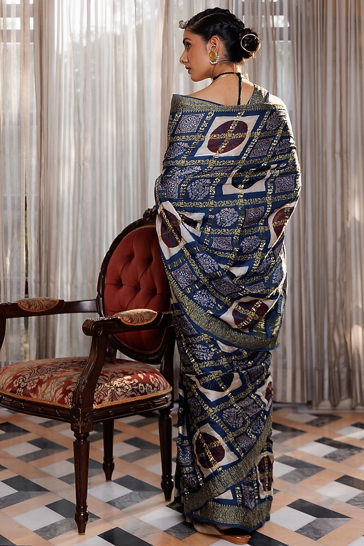 Indigo Modal Silk Ajrakh Hand Block Printed Wedding Saree Set by Geroo Jaipur at Pernia's Pop Up Shop