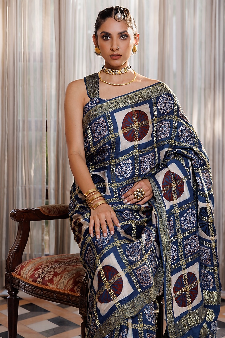 Indigo Modal Silk Ajrakh Hand Block Printed Wedding Saree Set by Geroo Jaipur at Pernia's Pop Up Shop