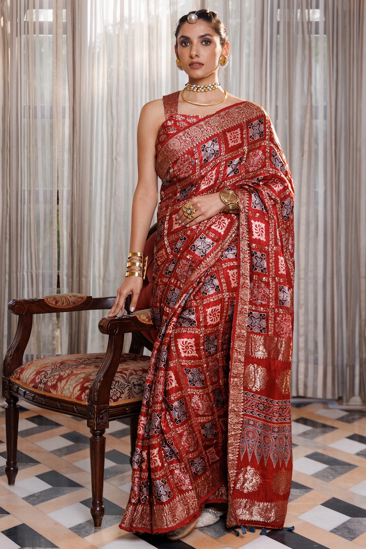 Geroo Jaipur Maroon Modal Silk Ajrakh Hand Block Printed Saree Set
