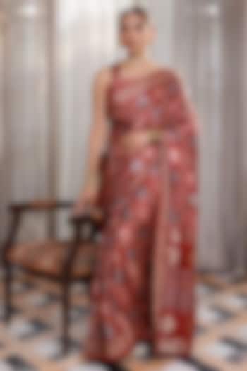 Maroon Modal Silk Ajrakh Hand Block Printed Wedding Saree Set by Geroo Jaipur at Pernia's Pop Up Shop