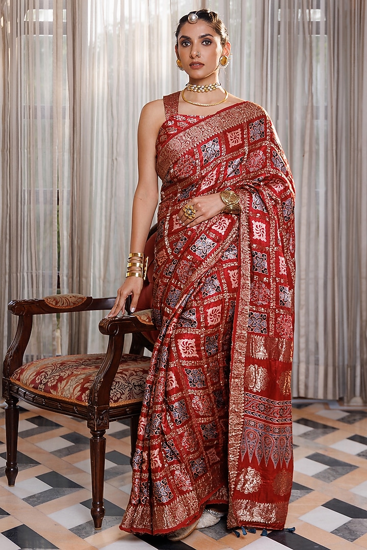 Maroon Modal Silk Ajrakh Hand Block Printed Wedding Saree Set by Geroo Jaipur at Pernia's Pop Up Shop
