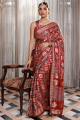Maroon Modal Silk Ajrakh Hand Block Printed Saree Set by Geroo Jaipur