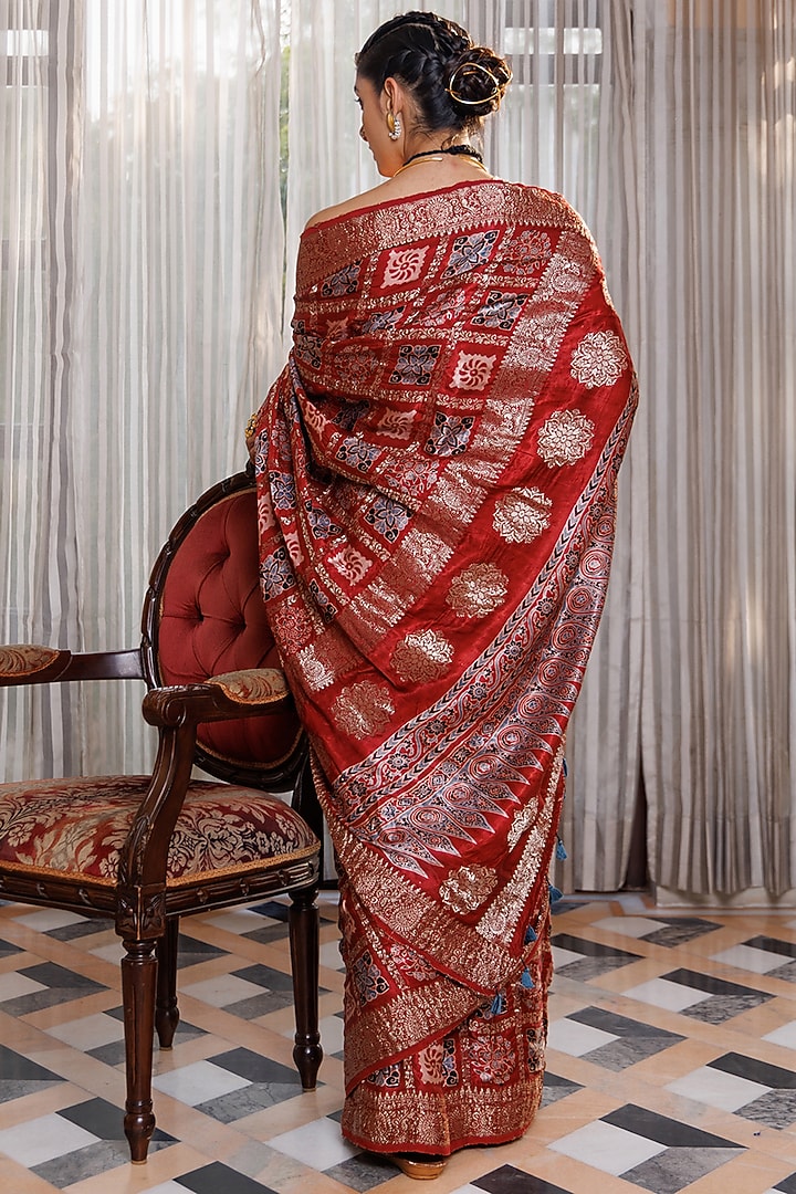 Maroon Modal Silk Ajrakh Hand Block Printed Wedding Saree Set by Geroo Jaipur at Pernia's Pop Up Shop
