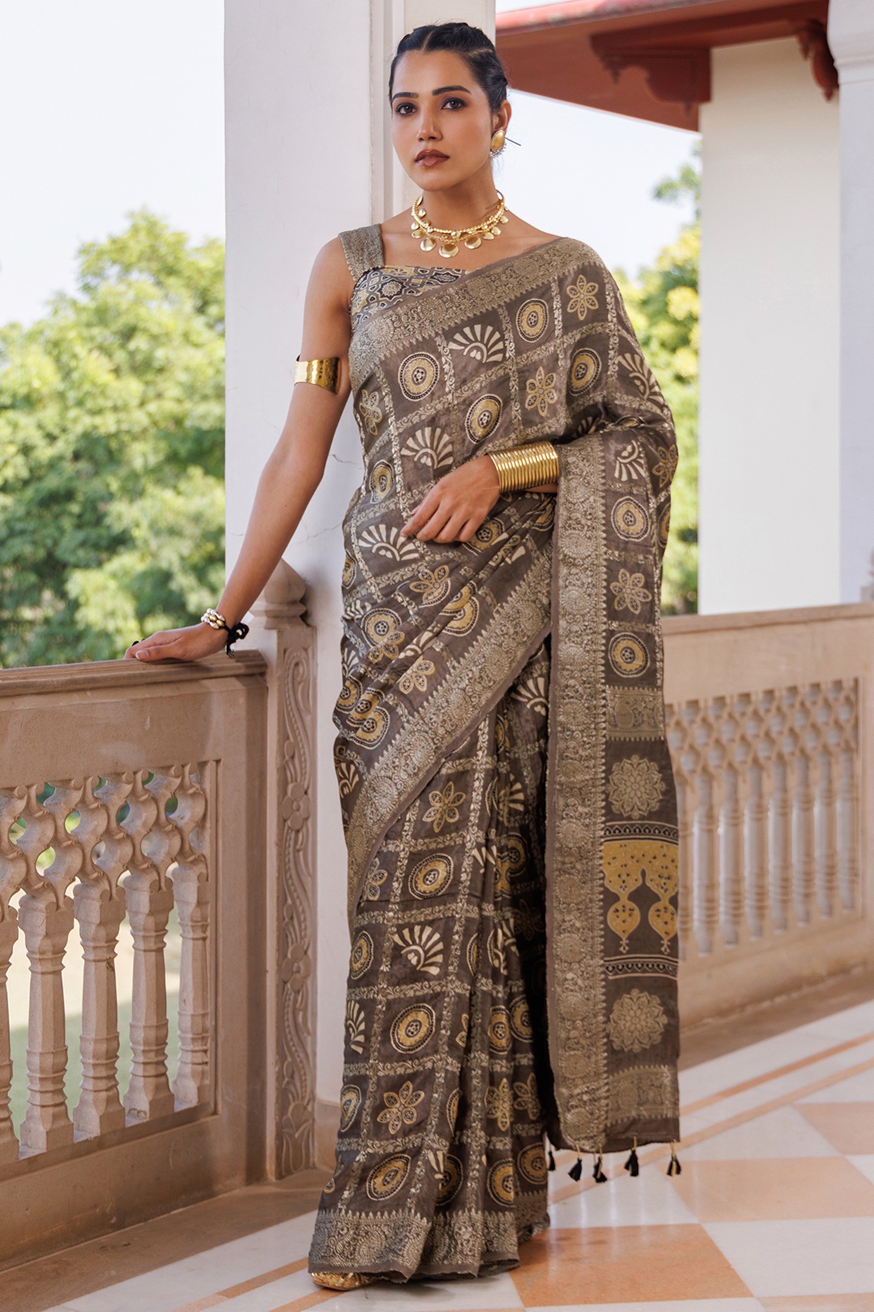 Geroo Jaipur Grey Modal Silk Ajrakh Hand Block Printed Saree Set