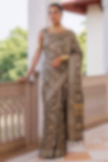 Grey Modal Silk Ajrakh Hand Block Printed Wedding Saree Set by Geroo Jaipur at Pernia's Pop Up Shop