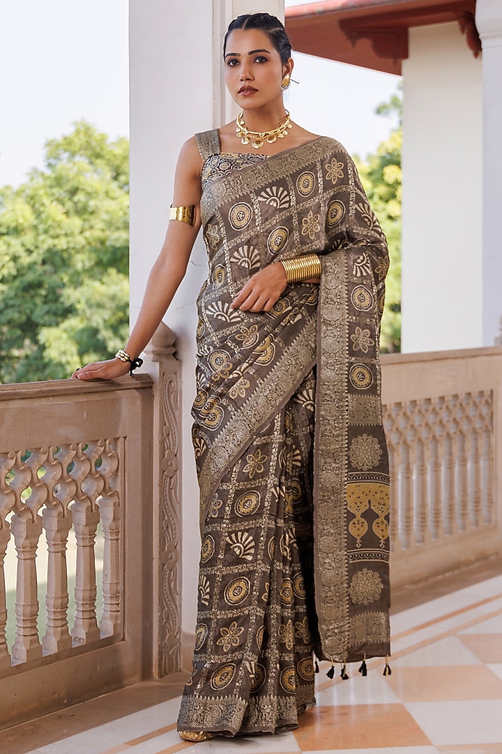 Grey Modal Silk Ajrakh Hand Block Printed Wedding Saree Set by Geroo Jaipur at Pernia's Pop Up Shop