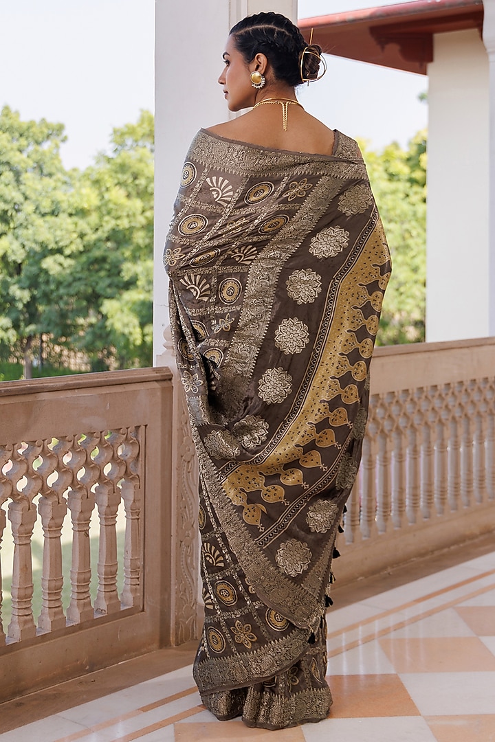 Grey Modal Silk Ajrakh Hand Block Printed Wedding Saree Set by Geroo Jaipur at Pernia's Pop Up Shop