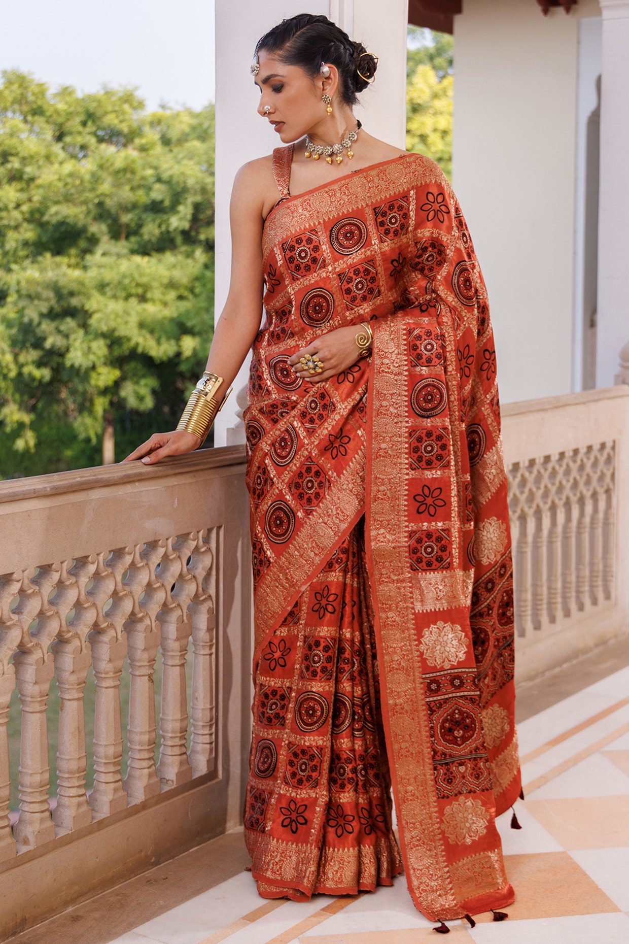 Geroo Jaipur Red Modal Silk Ajrakh Hand Block Printed Saree Set