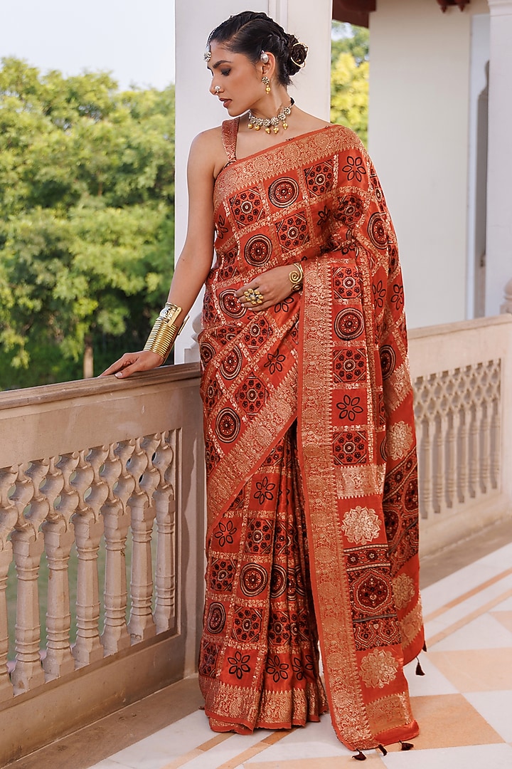 Red Modal Silk Ajrakh Hand Block Printed Wedding Saree Set by Geroo Jaipur at Pernia's Pop Up Shop
