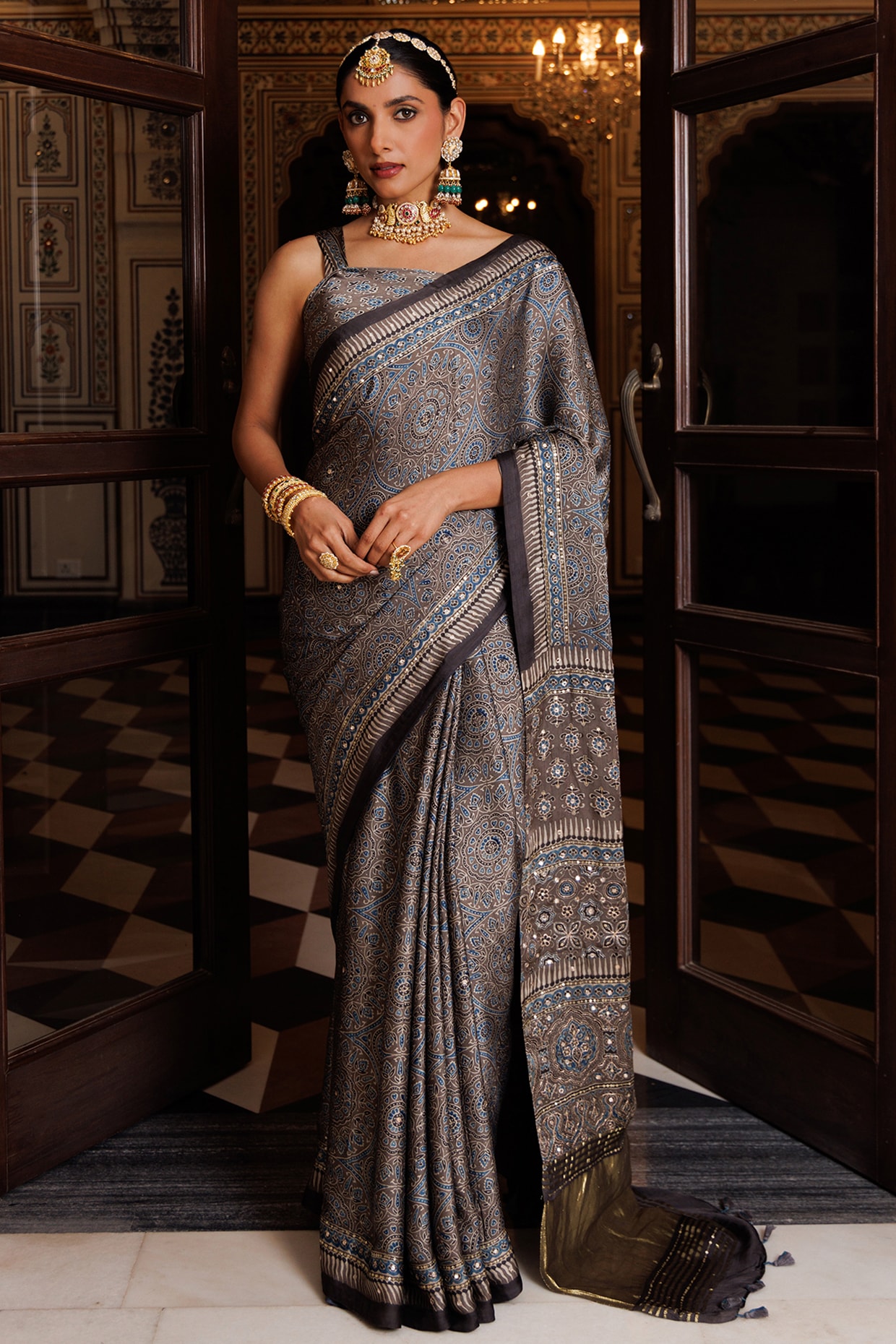 Geroo Jaipur Grey Modal Silk Ajrakh Hand Block Printed & Embroidered Saree Set