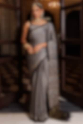 Grey Modal Silk Ajrakh Hand Block Printed & Embroidered Wedding Saree Set by Geroo Jaipur at Pernia's Pop Up Shop