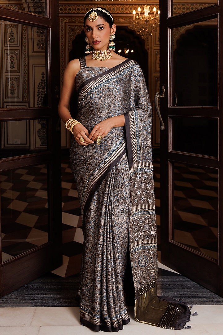 Grey Modal Silk Ajrakh Hand Block Printed & Embroidered Wedding Saree Set by Geroo Jaipur at Pernia's Pop Up Shop