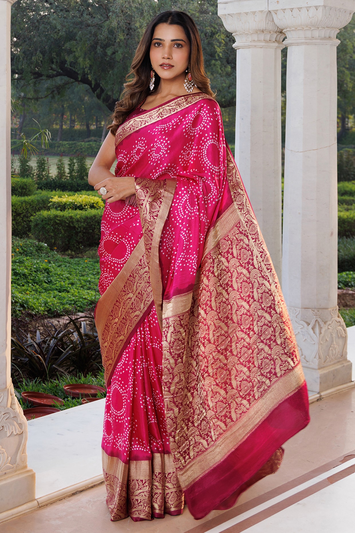 Geroo Jaipur Pink Gajji Silk Zari Work Saree Set