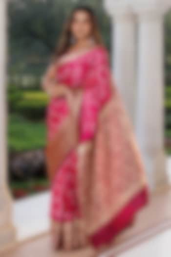Pink Gajji Silk Zari Work Wedding Saree Set by Geroo Jaipur at Pernia's Pop Up Shop