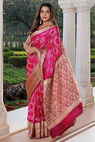 Pink Gajji Silk Zari Work Saree Set by Geroo Jaipur
