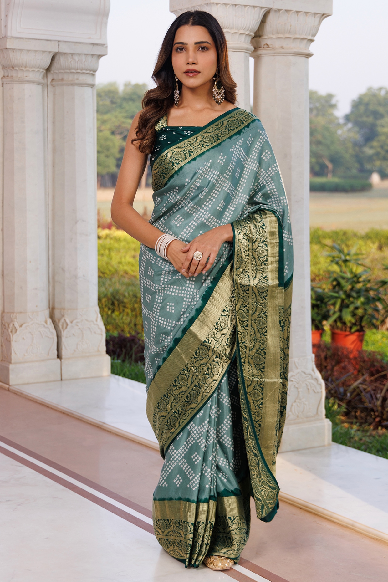 Geroo Jaipur Sea Green Gajji Silk Zari Work Saree Set
